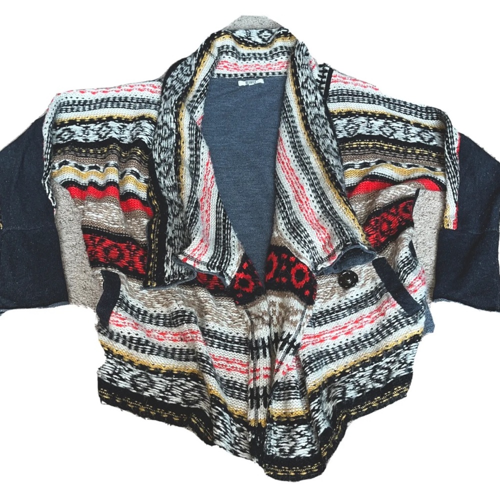 BB DAKOTA Aztec Tribal Open Cardigan Sweater waterfall Neck, Pockets WARM tan LG